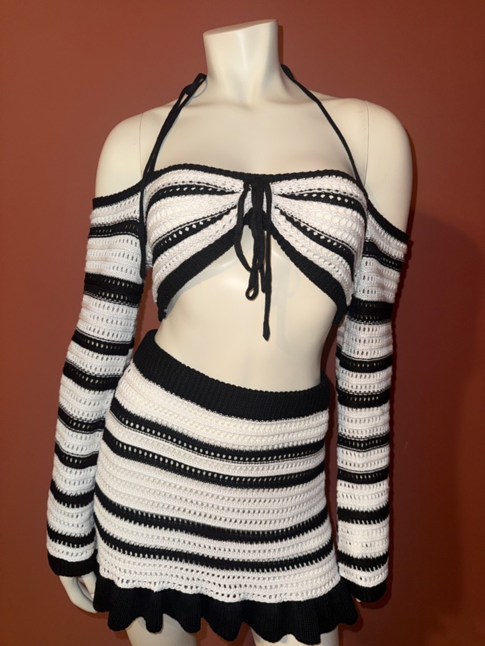 Striped Crochet Two-Piece Crop Top & Skirt Set